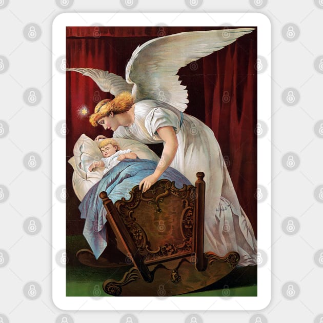 Protective guardian angel looking after a baby in a crib. Colorful vintage image. Sticker by Marccelus